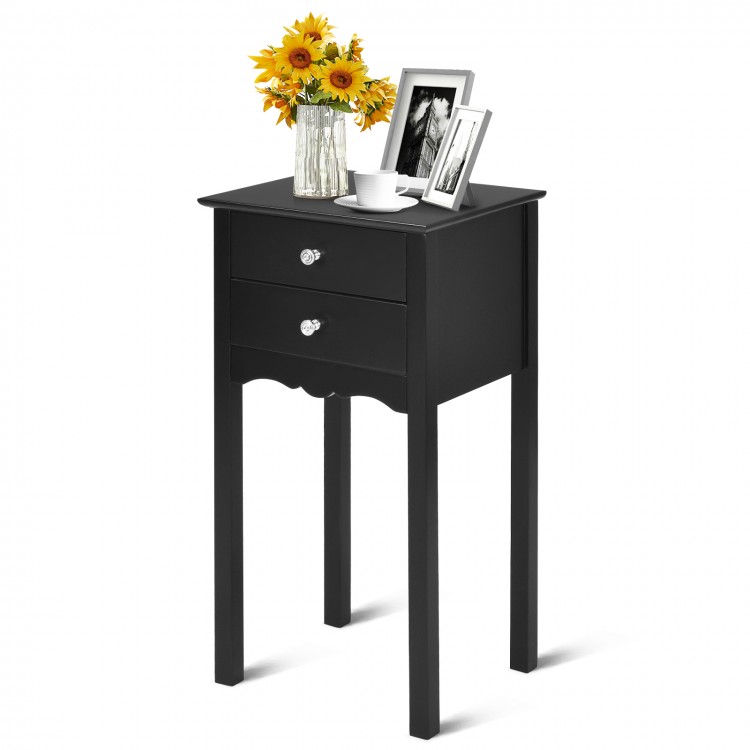 Vintage black side end table with two storage drawers and decorative items, perfect for living rooms or bedrooms.